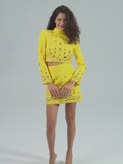 Yellow Crystal Embellished Top Skirt Set