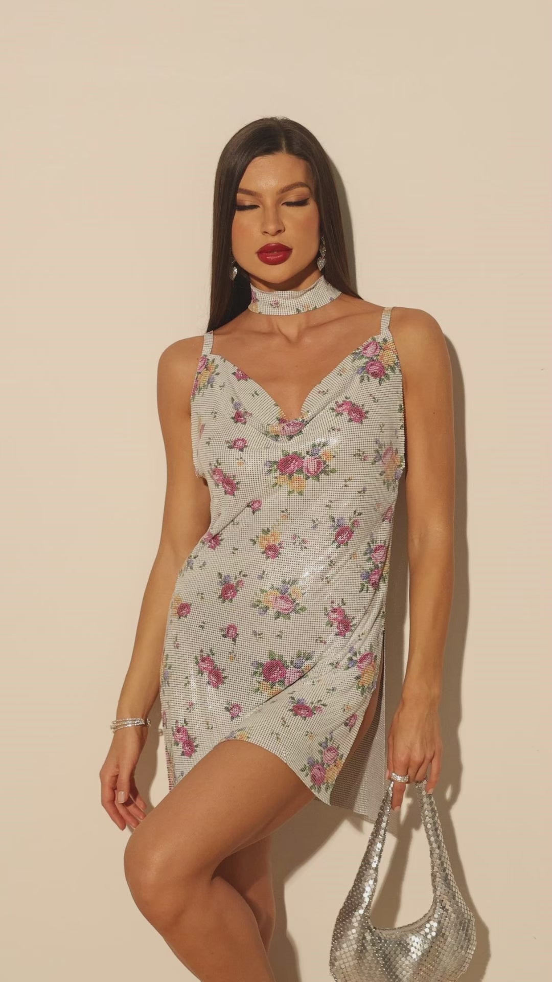 White Floral Backless Chainmail Dress