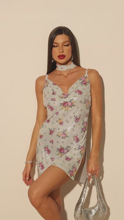 White Floral Backless Chainmail Dress