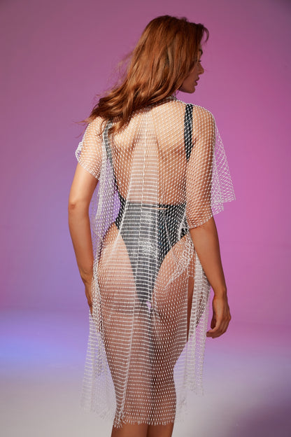 Mesh Crystal Cape Dress - White