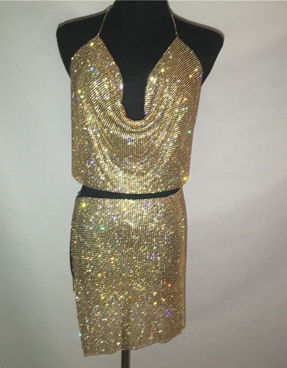 2PCS Sparkly Cami Top Skirt Set