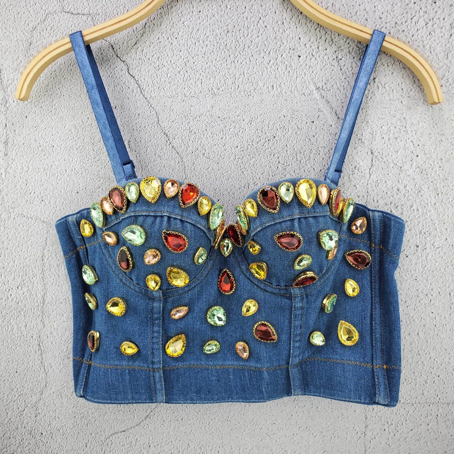 Rhinestone Denim Corset Crop Top - Medium Wash - H&O