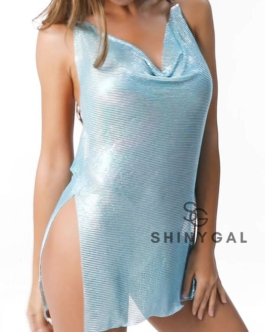 Aqua Blue Backless Chainmail Dress