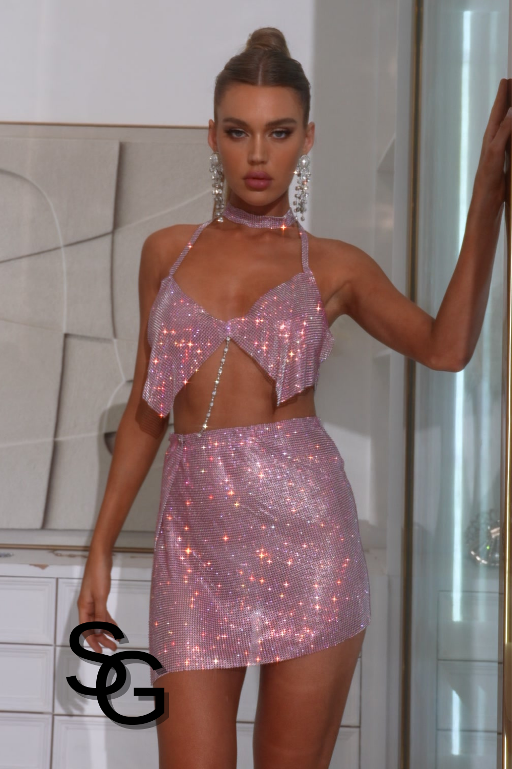 Shimmering Pink Diamante 2Pcs Skirt Set