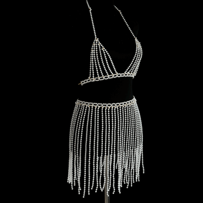 Pearl Bra Skirt Bikini Cover Up Set